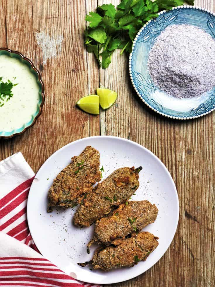 Blue Cornmeal-Crusted Goat Cheese Jalapeño Poppers with Green Chile Ranch