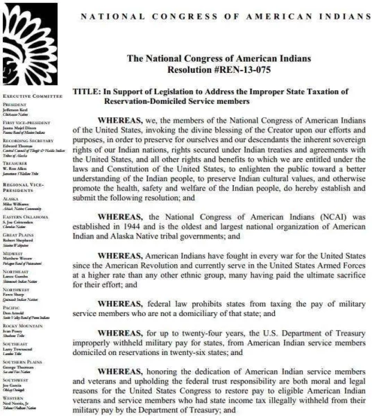 NCAI Resolution to Urge Congress to Reimburse Native American Veterans Illegally Taxed While on Active Duty