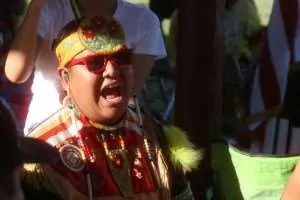 A member of the Wildhorse Singers belts out a song during the Eastern Shoshone Indian Days. The group from North Battleford, Saskatchewan, served as Northern Host Drum. (Gregory Nickerson/WyoFile)